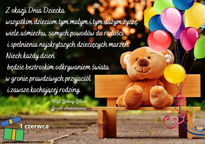 Życzenia w formie graficznej. W tle Miś na ławce z balonami.