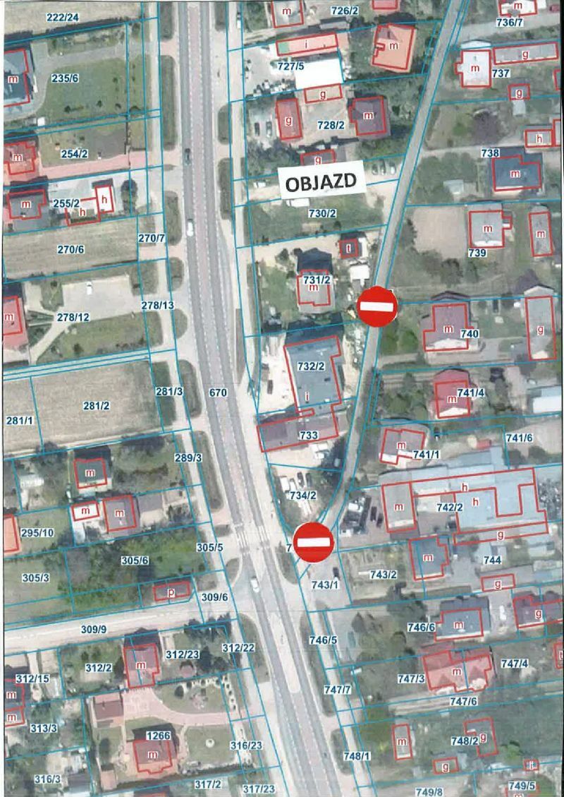 Mapa z zaznaczonymi objazdami