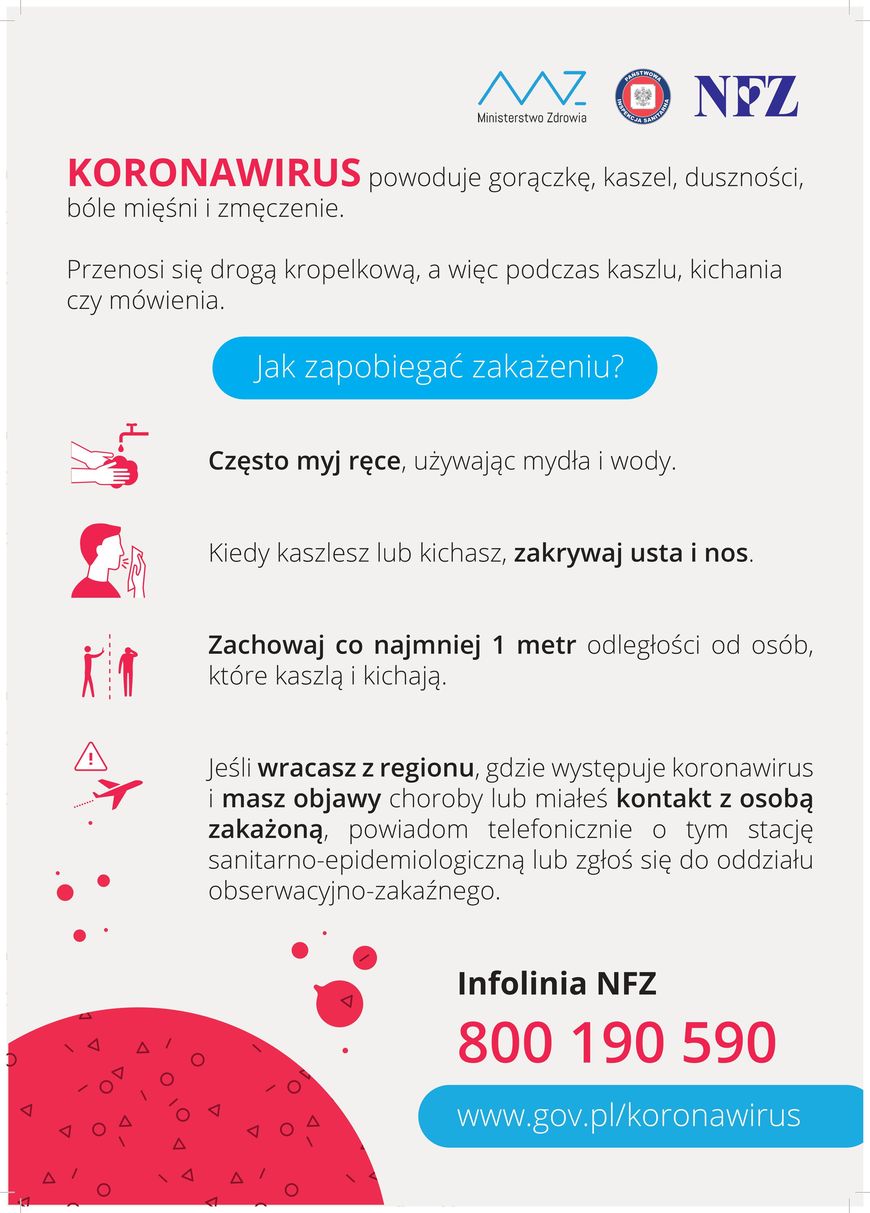 Plakat - Informacje na temat koronawirusa i sposobów ograniczenia ryzyka zakażenia