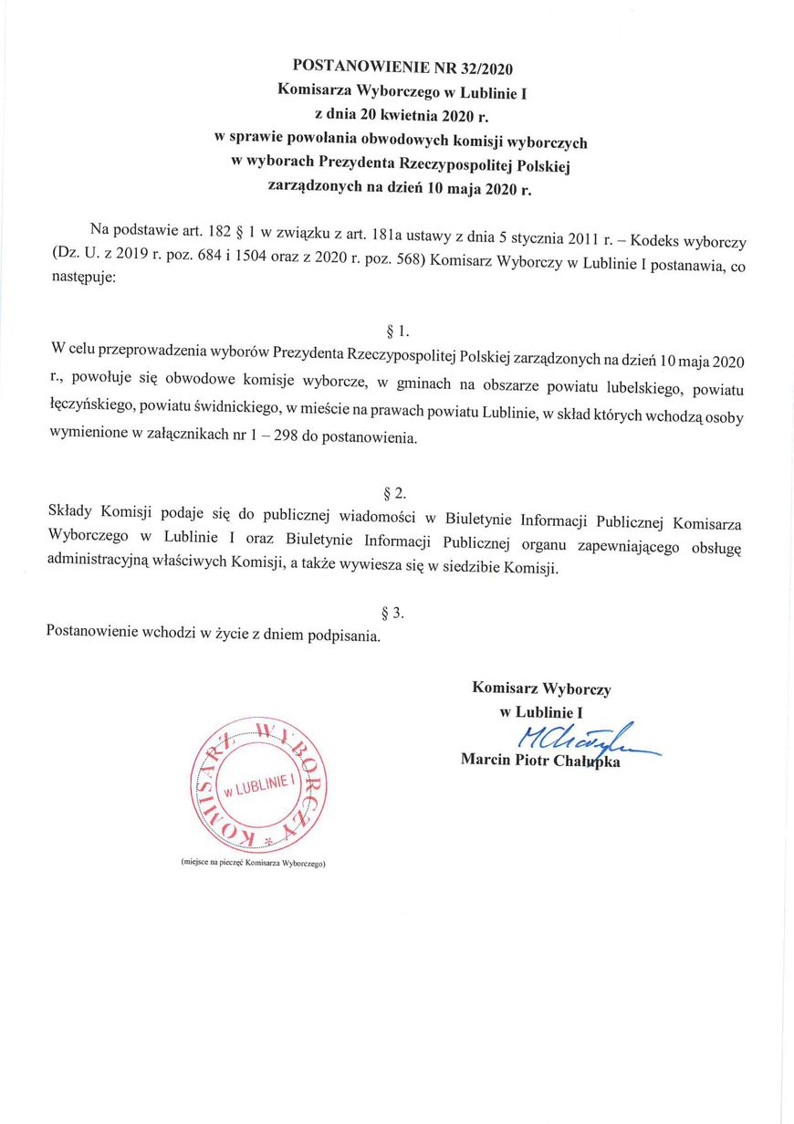 Plik jpg - Postanowienie nr 32/2020 Komisarza Wyborczego w Lublinie I z dnia 20 kwietni 2020 r.