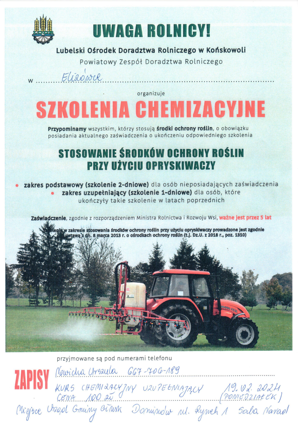Grafika informacyjna o szkoleniu z zakresu stosowania środków ochrony roślin zawierająca tekst i zdjęcie traktora opryskującego pole.