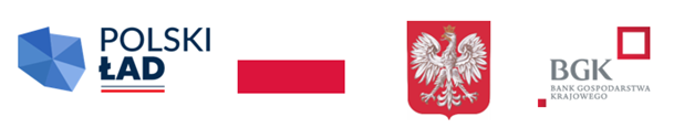 1. Logo "Polski Ład" – trójwymiarowa, niebieska bryła z napisem, czerwono-białe elementy graficzne.
2. Polska flaga – poziomy prostokąt, górna część biała, dolna czerwona.
3. Logo BGK – biały napis w czerwonym kwadracie, biały orzeł w czerwonej tarczy obok.