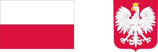 Flaga Polski z lewej strony, z białym i czerwonym poziomym pasem, oraz herb Polski z prawej strony, z białym orłem w koronie na czerwonym tle.