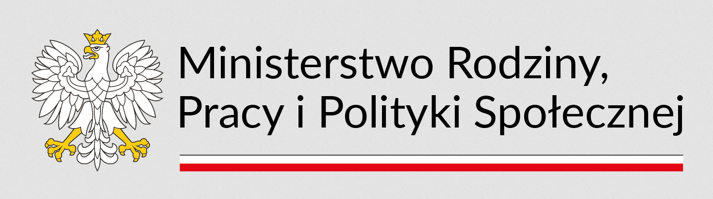 Logo Ministerstwa Rodziny, Pracy i Polityki Społecznej z orłem w koronie, połączone z napisem w czarnej czcionce na szarym tle.