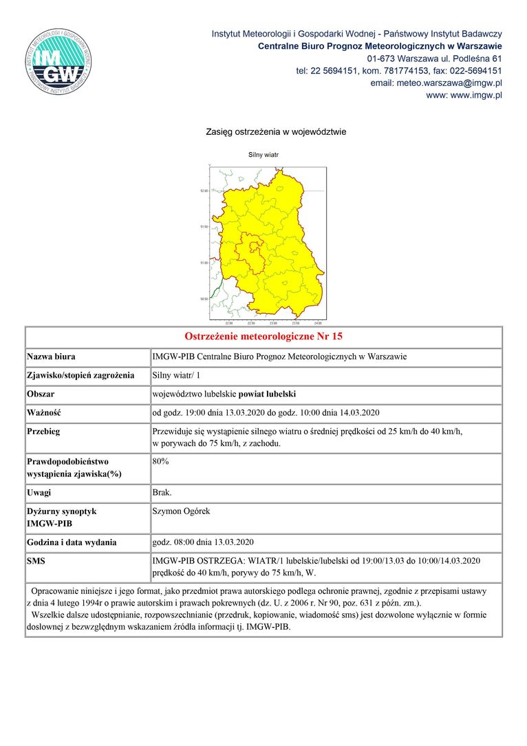 Plik jpg - Ostrzeżenie meteorologiczne Nr 15Ostrzeżenie meteorologiczne Nr 15