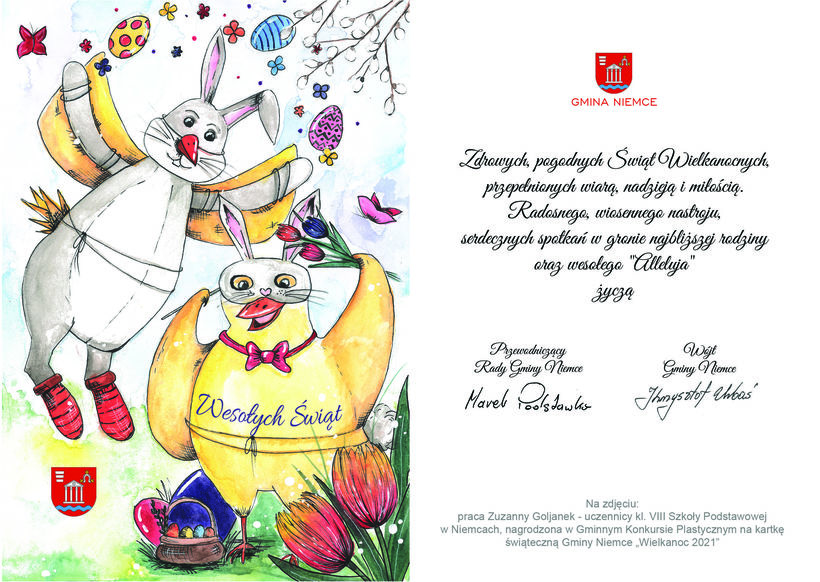 Grafika przedstawia zwycięską pracę Zuzanny Goljanek w konkursie na najpiękniejszą  kartkę wielkanocną oraz życzenia świąteczne zamieszczone powyżej