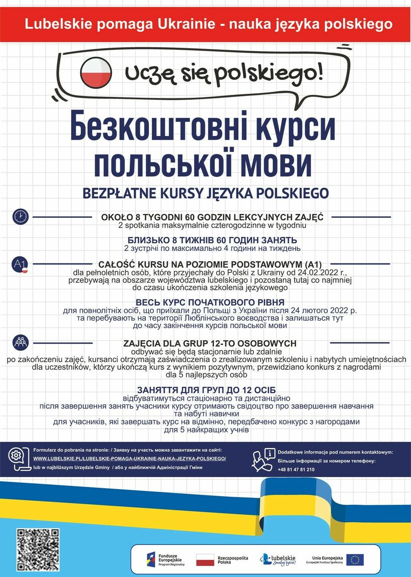 Plakat informujący o bezpłatnym kursie języka polskiego 