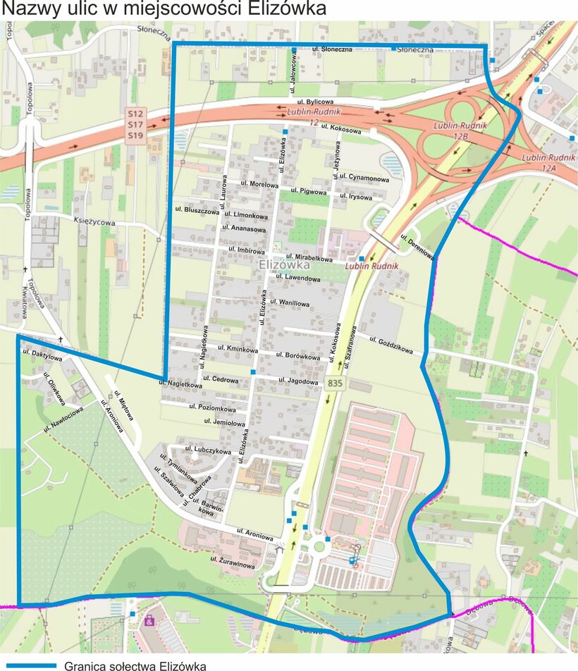 mapa z nazwami ulic w miejscowości Elizówka