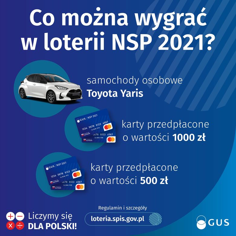 Plakat 2 Co można wygrać w loterii NSP 2021? samochody osobowe Toyota Yaris GUS NSP 2021 karty przepłacone o wartości 1000 zł karty przedpłacone o wartości 500 zł Regulamin i szczegóły loteria.spis.gov.pl GUS