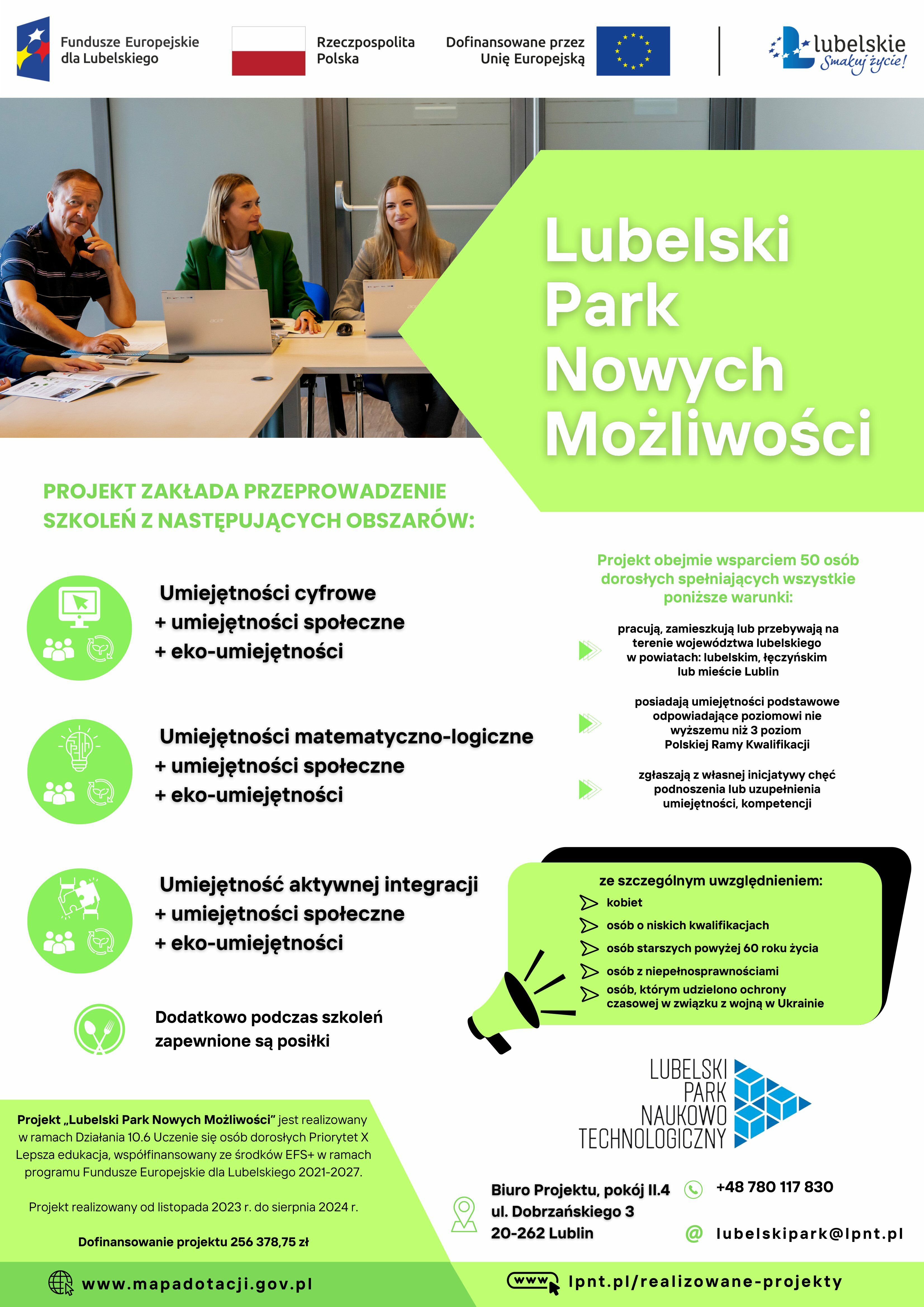 Opis 1: Plakat promujący projekt edukacyjny "Lubelski Park Nowoczesności", z grafiką symbolizującą naukę i rozwój, oraz logotypami funduszy europejskich, z informacjami kontaktowymi.