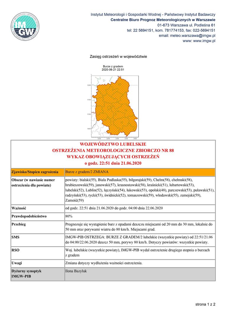 OSTRZEŻENIA METEOROLOGICZNE ZBIORCZO NR 88