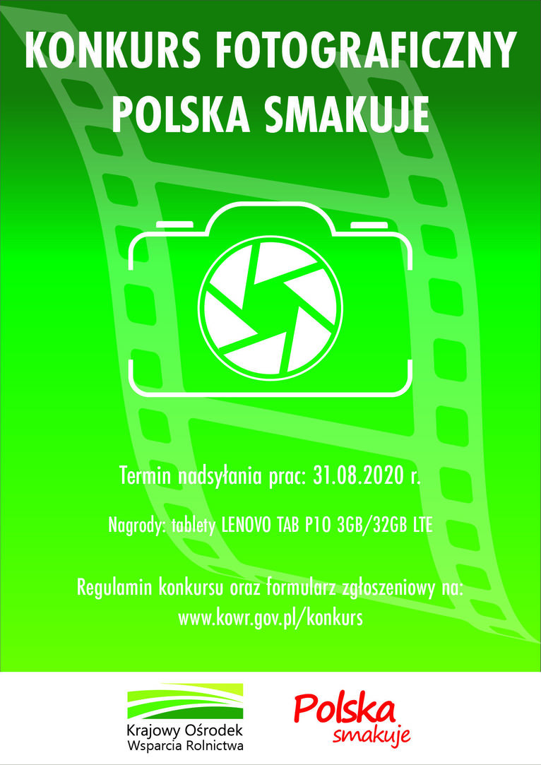 Plakat zielony- duża ikona aparatu z tytułem wydarzenia