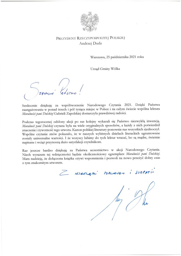 Podziękowania od Prezydenta Rzeczypospolitej Polskiej Andrzeja Dudy za współtworzenie Narodowego Czytania 2021