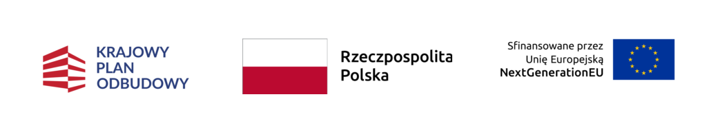 Logo Krajowy Plan Odbudowy z czerwono-białymi paskami, obok flaga Polski, a następnie logo NextGenerationEU z gwiazdami UE.