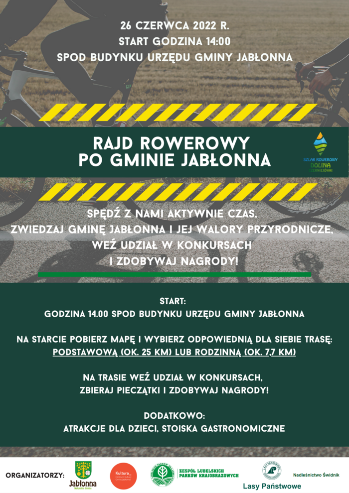 plakat, zielona grafika, tekst rajd rowerowy po gminie Jabłonna