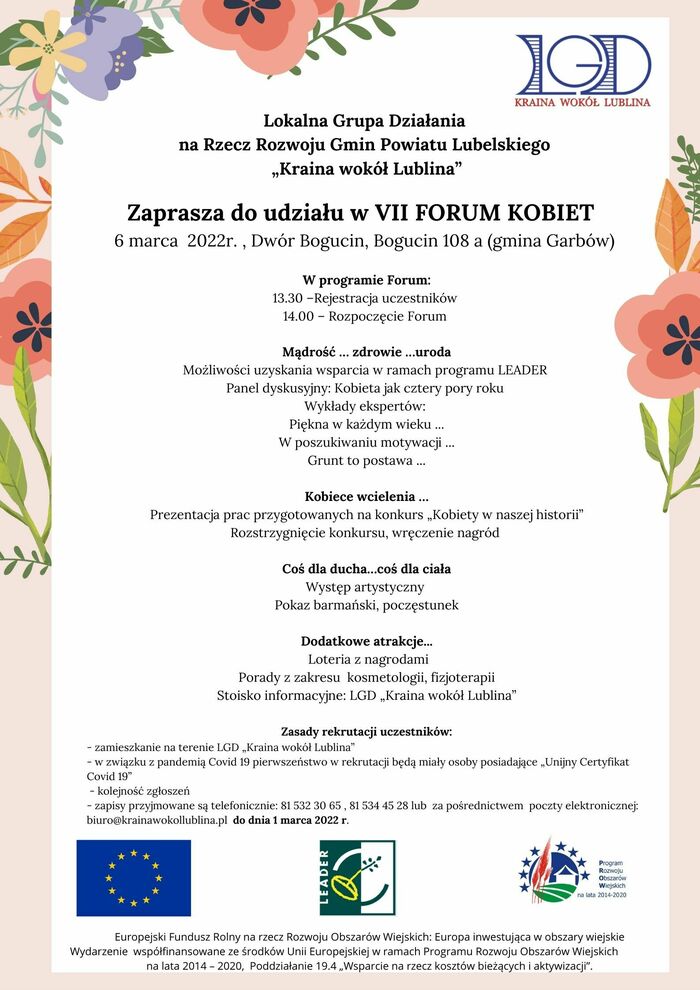 Zaproszenie na VII forum kobiet 6 marca 2022 Dwór Bogucin