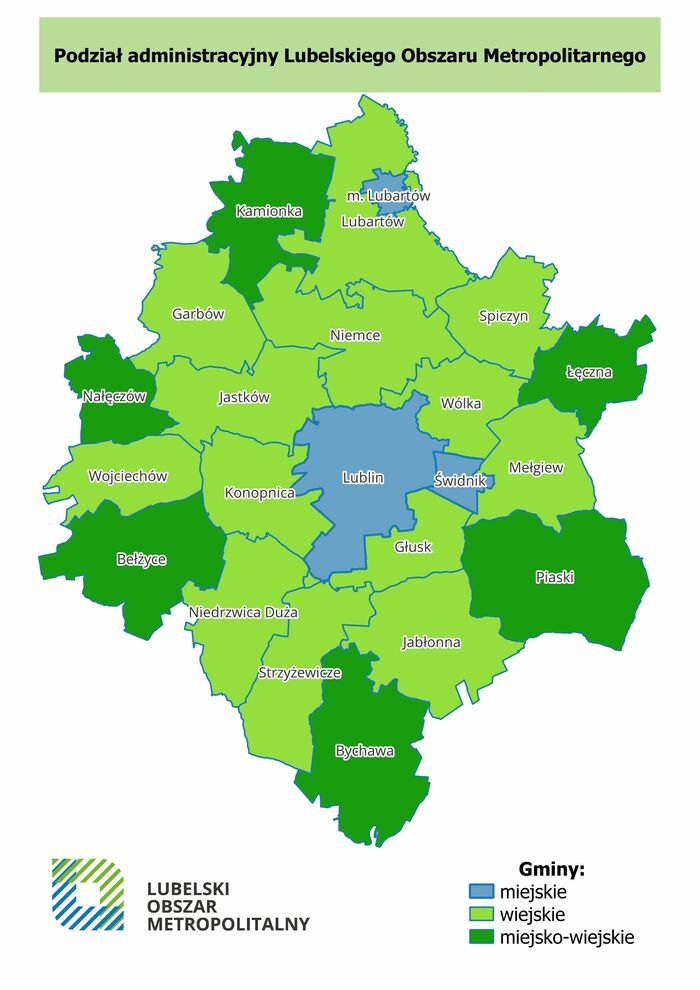 mapa gmin wchodzących w skład lubelskiego obszaru metropolitalnego