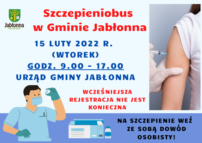 szczepienobus w Gminie Jabłonna, wtorek 15 lutego godzina 9.00 - 17.00 w Urzędzie gminy Jabłonna