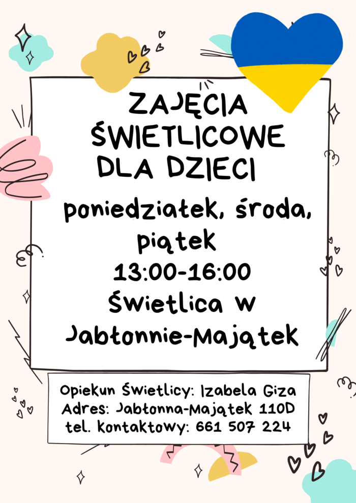 Zajęcia świetlicowe dla dzieci, każdy poniedziałek środa i piatek w godzinach 13.00 - 16.00