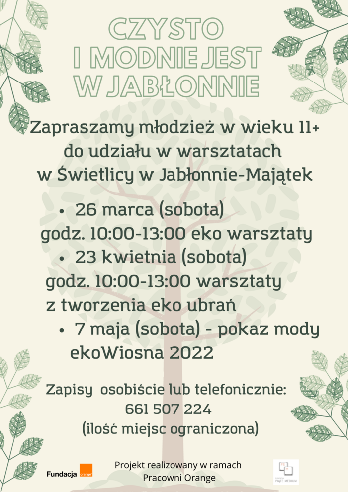 Młodzież w wieku 11+ zapraszamy do świetlicy w Jabłonnie-Majątek na eko warsztaty.