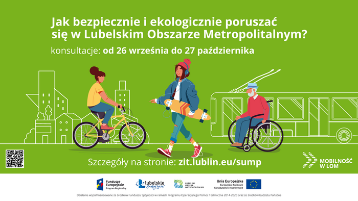 grafika na zielonym tle, osoba na rowerze, na wózku inwalidzkim i z deskorolka