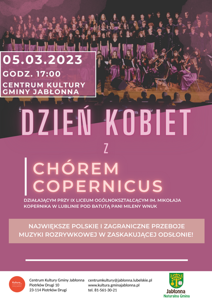 plakat, tekst dzień kobiet z chórem copernicus, centrum kultury Gminy Jabłonna, 5 marca 2023 godzina 17.00