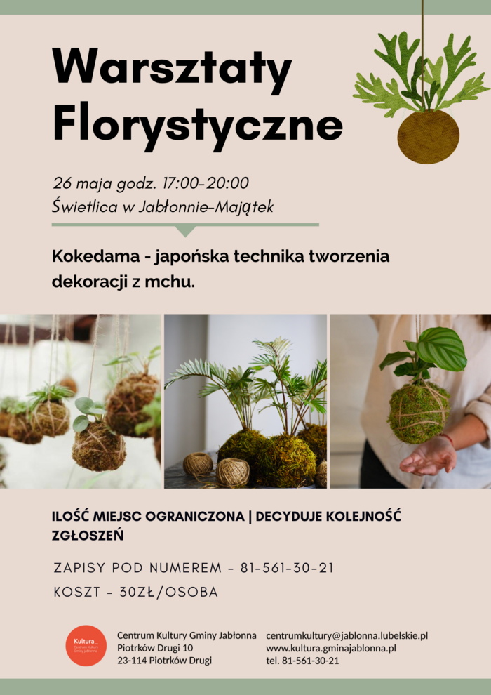 26 maja 2023 r. zapraszamy do świetlicy w Jabłonnie-Majątek na warsztaty florystyczne 
