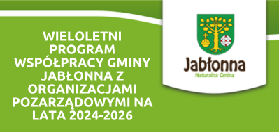 Zdjęcie przedstawia grafikę promocyjną z zielonym tłem i herbem Gminy Jabłonna, z ogłoszeniem o 