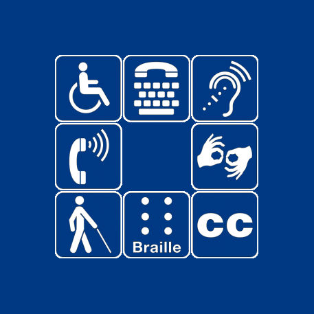 Infografika na niebieskim tle przedstawiająca symbole określające dostępnośc dla osób ze szczególnymi potrzebami