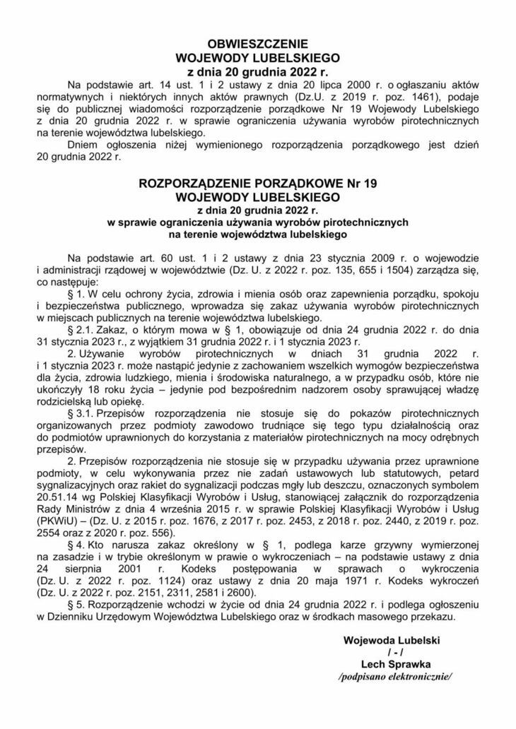 ROZPORZĄDZENIE PORZĄDKOWE Nr 19 WOJEWODY LUBELSKIEGO