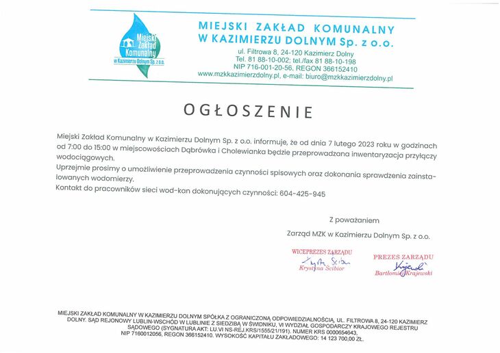 Ogłoszenie MZK