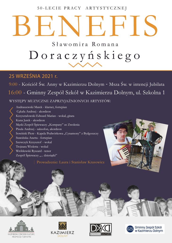 Plakat wydarzenia - BENEFIS Sławomira Doraczyńskiego wraz z programem i listą zaproszonych artystów