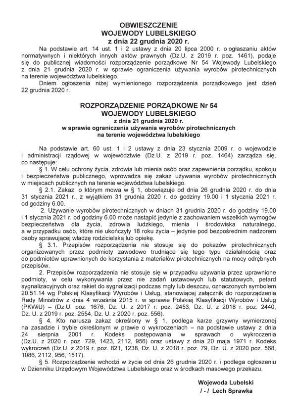 ROZPORZĄDZENIE PORZĄDKOWE Nr 54 WOJEWODY LUBELSKIEGO z dnia 21 grudnia 2020 r. w sprawie ograniczenia używania wyrobów pirotechnicznych na terenie województwa lubelskiego