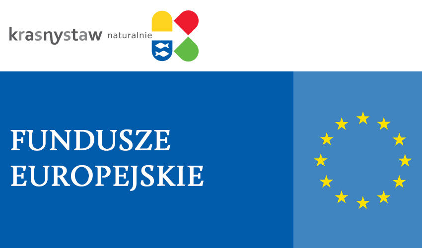 Grafika z logo Krasnystaw i gwiazdkami unijnymi i napisem Fundusze europejskie