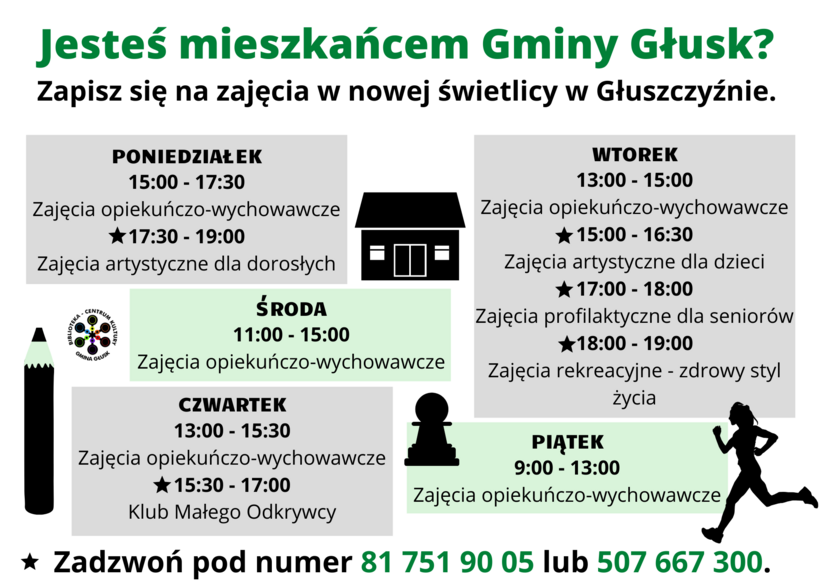 Grafika z ofertą zajęć w Głuszczyźnie.