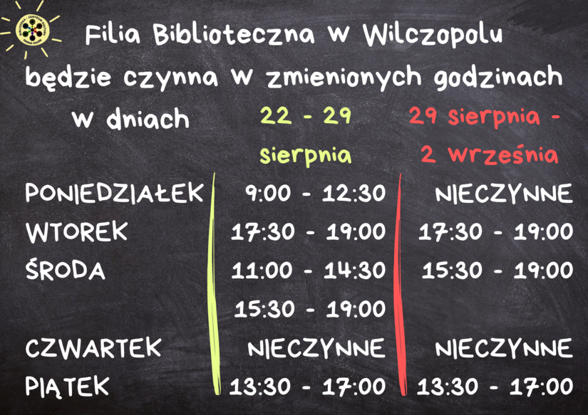 Grafika ze zmienionymi godzinami otwarcia w Filii w Wilczopolu.