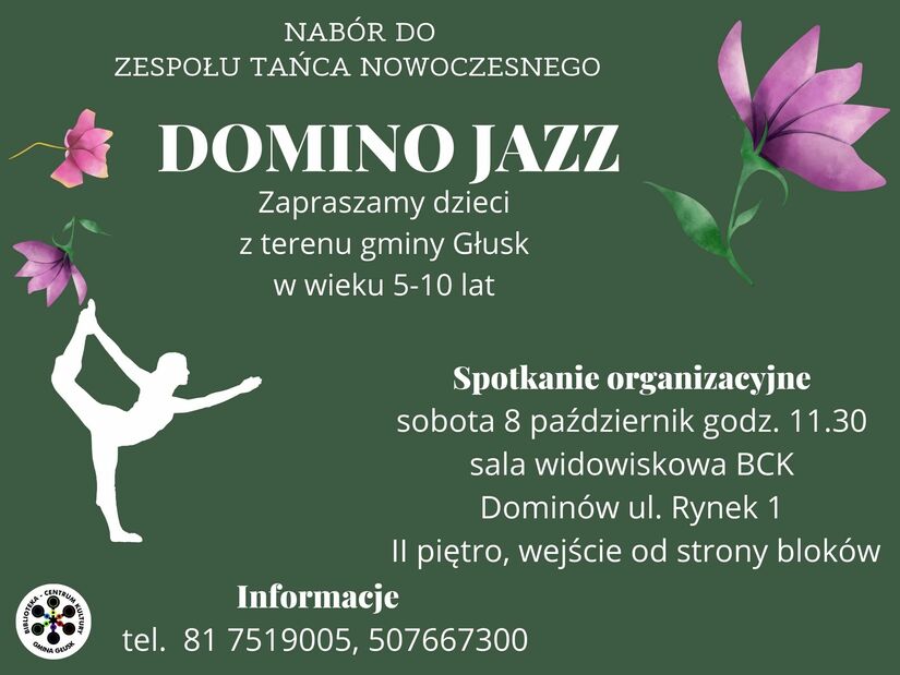 Grafika. Plakat z informacją o spotkaniu organizacyjnym Domino Jazz.