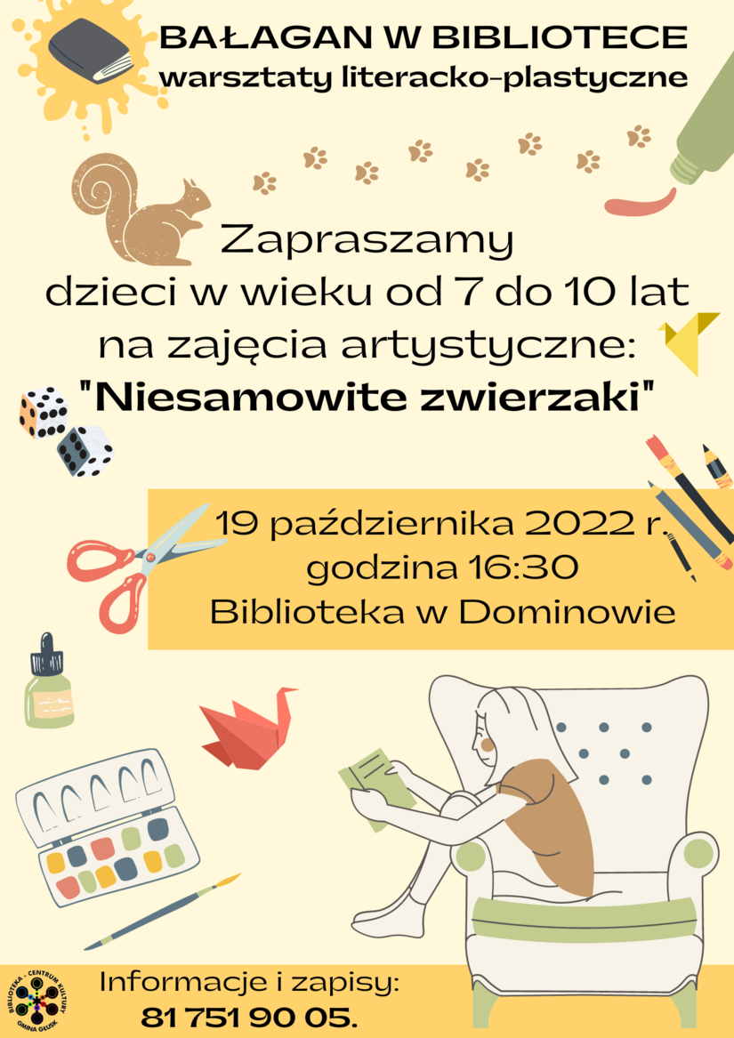 Grafika. Plakat. informujący o warsztatach literacko-plastycznych w Bibliotece w Dominowie.
