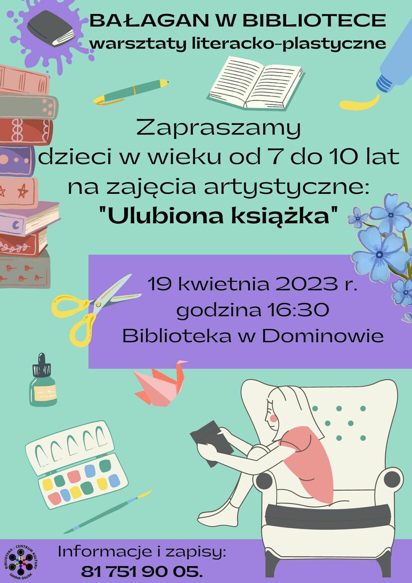 Gragika, plakat informujący o warsztatach literacko-plastycznych w bibliotece.