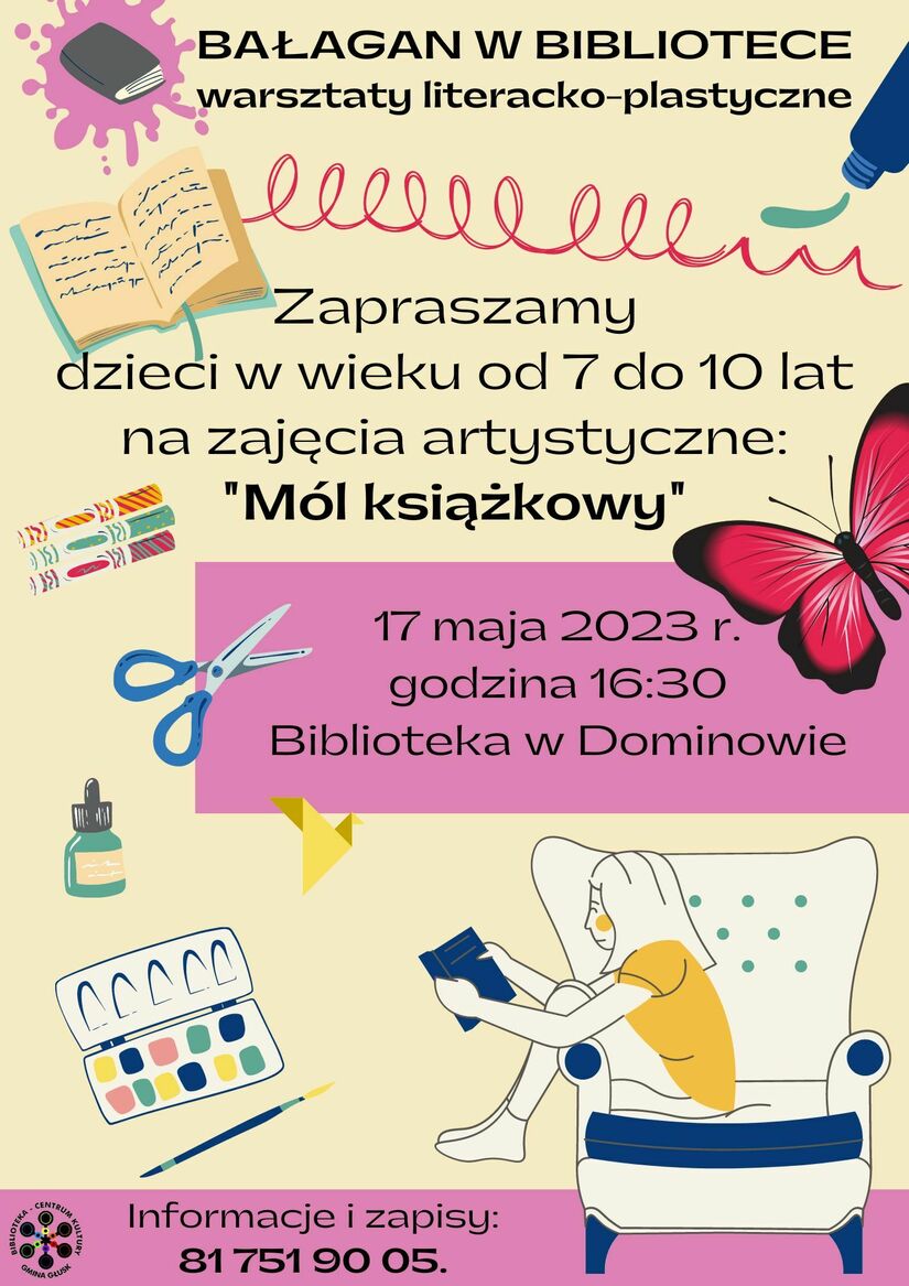 Plakat informujący o warsztatach literacko-plastycznych.