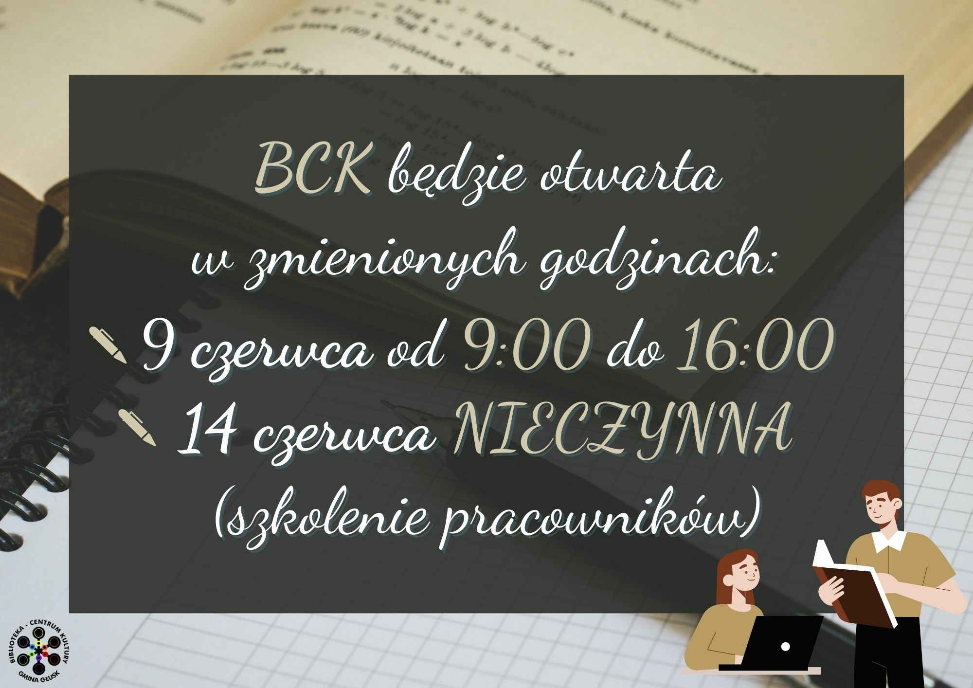 Grafika z informacją o zmianach w godzinach otwarcia BCK.