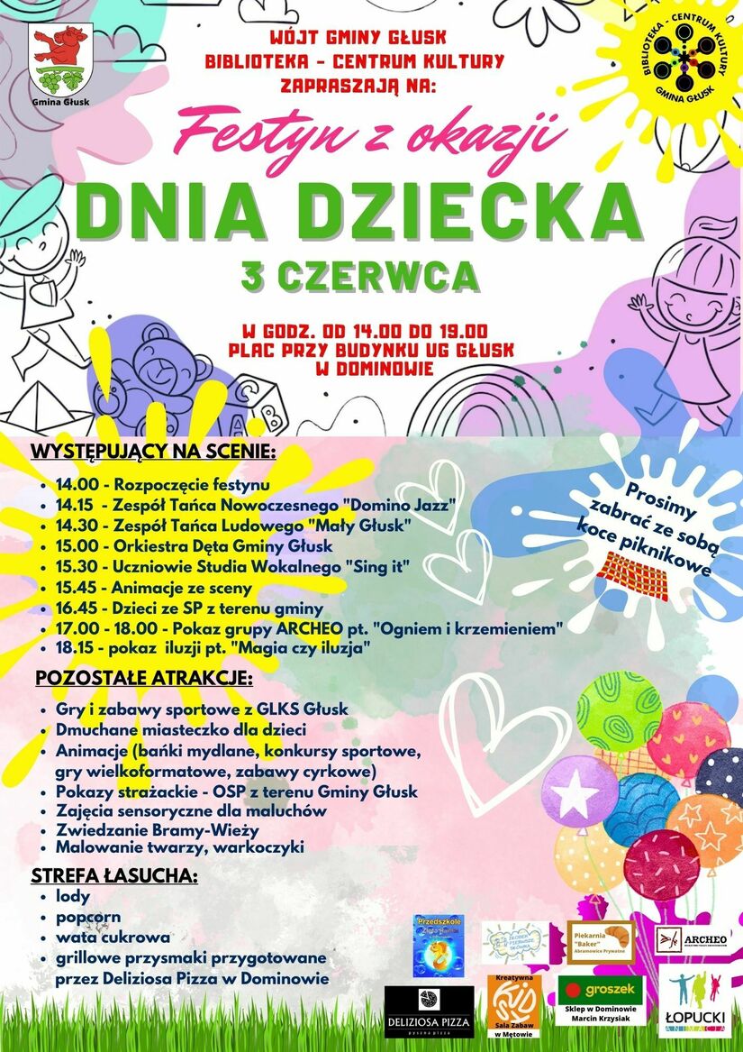 Plakat z ofertą festynu na Dzień Dziecka 3 czerwca 2023.