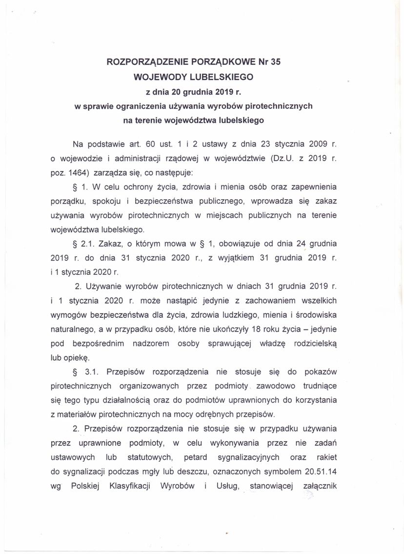 Rozporządzenie Porządkowe Nr 35 Wojewody Lubelskiego z dnia 20 grudnia 2019 r.  1
