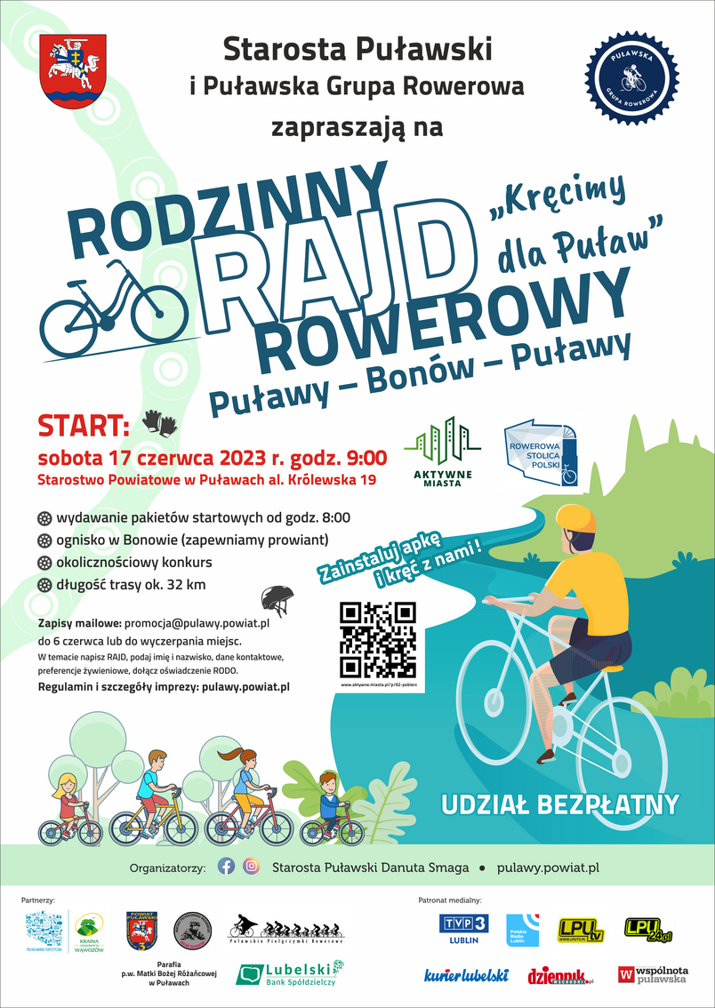 Serdecznie zapraszamy do udziału w Rodzinnym rajdzie rowerowym Puławy – Bonów – Puławy „Kręcimy dla Puław”. Startujemy 17 czerwca 2023 r. o godz. 9:00 spod Starostwa Powiatowego w Puławach. Aby wziąć udział w wydarzeniu należy dokonać zgłoszenia na adres e-mail: promocja@pulawy.powiat.pl w terminie do 6 czerwca br., jednakże w przypadku wyczerpania dostępnej puli miejsc zapisy zostaną zamknięte wcześniej. Poniżej zamieściliśmy regulamin rajdu oraz formularze zgłoszeniowe.