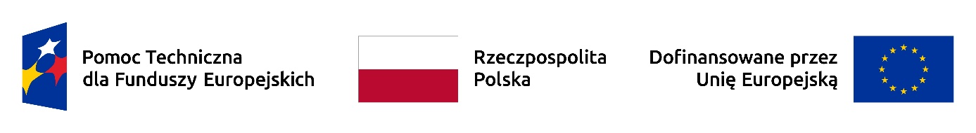 Zdjęcie przedstawia trzy flagi/loga. Po lewej stronie logo Pomoc Techniczna dla Funduszy Europejskich z abstrakcyjnym motywem. Środkowy to prostokątny, czerwony baner z napisem Rzeczpospolita Polska. Po prawej flaga Unii Europejskiej z kręgiem złotych gwi