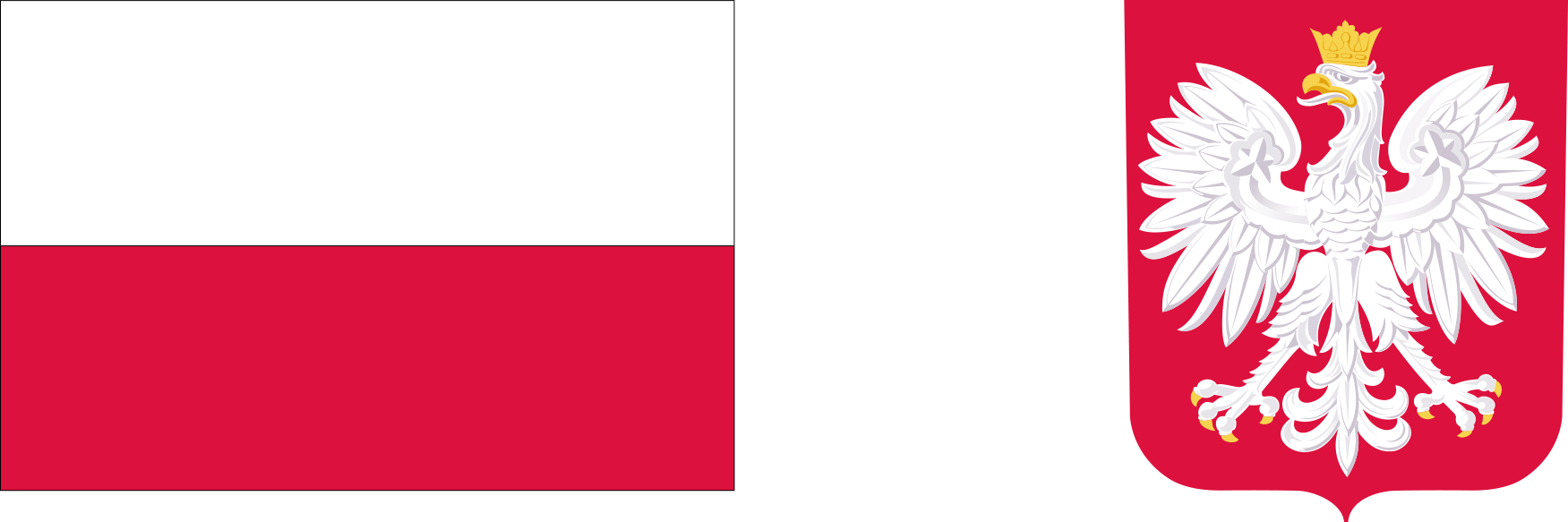 Flaga Polski podzielona na dwa poziome pasy: górny biały, dolny czerwony, obok herb Polski z białym orłem w koronie na czerwonym tle.