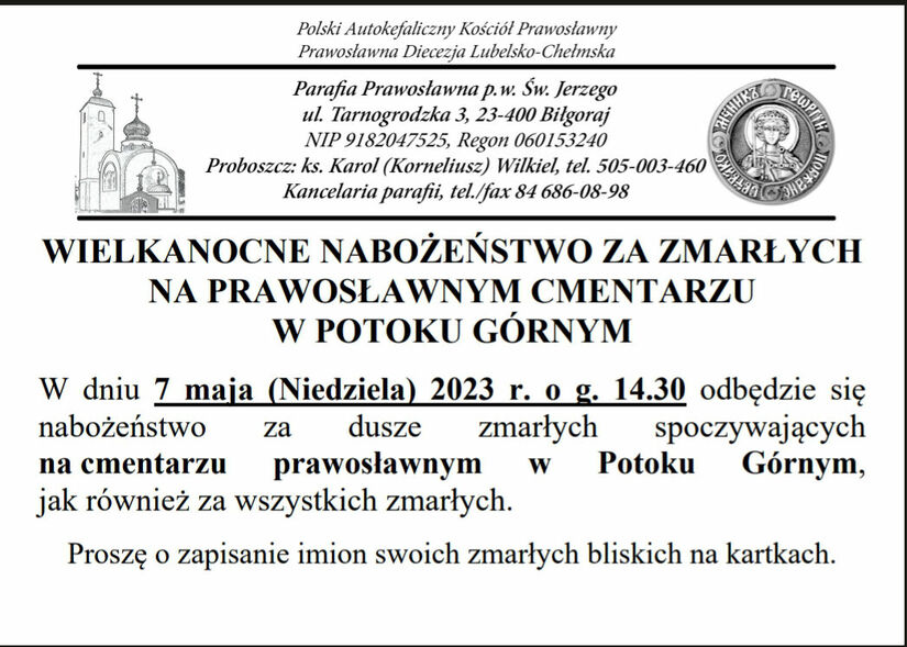ogłoszenie dotyczące nabożeństwa na prawosławnym cmentarzu w Potoku Górnym