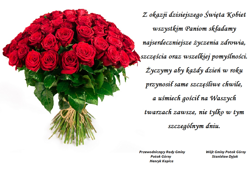 Bukiet róż i tekst życzeń z okazji Dnia Kobiet