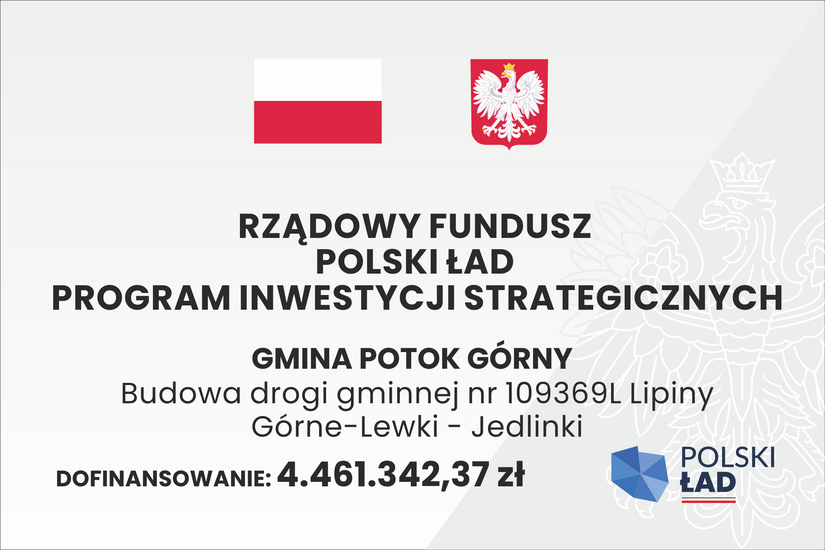 Tablica informacyjna dla projektu Budowa drogi gminnej nr 109369L Lipiny Górne-Lewki - Jedlinki
