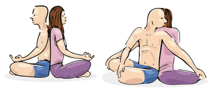 Grafika przedstawia dwie rysunkowe postacie podczas ćwiczeń